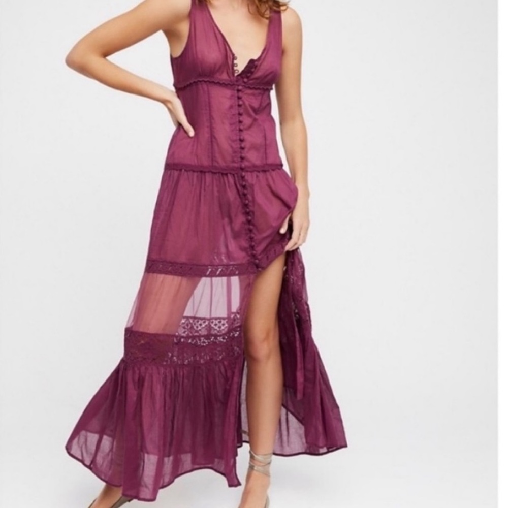 Free People Victoria Plum Button V Neck Maxi Dress